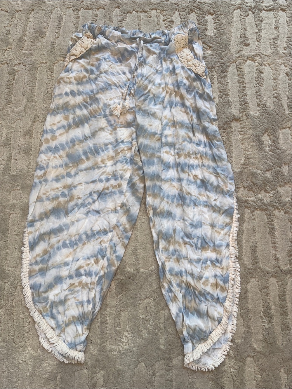 Surf Gypsy Blue and Cream Tie-Dye Harem Pants with Fringe